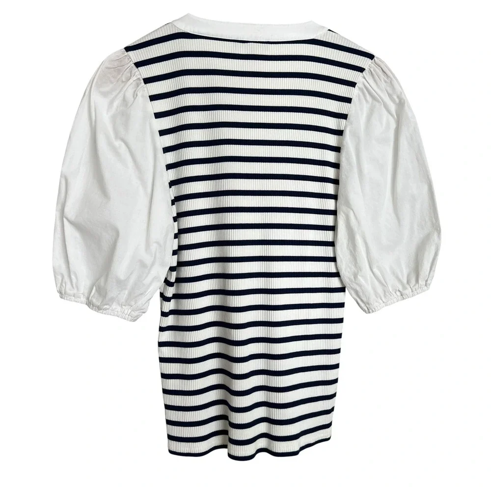 J.Crew Navy Blue Striped Rubbed Puff Sleeve Henley Blouse SZ M Nautical Coastal